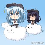 2girls :3 akatsuki_(kantai_collection) anchor_symbol black_headwear black_legwear black_sailor_collar black_skirt blue_background blue_eyes blue_hair blush chestnut_mouth chibi closed_mouth clouds commentary_request eighth_note flat_cap hat hibiki_(kantai_collection) kantai_collection long_hair long_sleeves miicha multiple_girls musical_note neckerchief o_o open_mouth pantyhose parted_lips pleated_skirt purple_hair quarter_note red_neckwear remodel_(kantai_collection) sailor_collar school_uniform serafuku shirt simple_background skirt solid_circle_eyes sweatdrop teardrop translated twitter_username very_long_hair white_shirt 