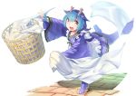 1girl absurdres apron artist_request bed_sheet blue_hair dragon_girl dragon_horns dragon_tail dragonmaid_laudry duel_monster fang fingerless_gloves gloves highres horns laundry laundry_basket maid open_mouth solo tail tripping yellow_eyes yuu-gi-ou 