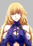  1girl bare_shoulders blonde_hair brown_hair craim elbow_gloves fate/grand_order fate_(series) fur-trimmed_gloves fur_trim gloves grey_background hair_between_eyes jeanne_d&#039;arc_(alter)_(fate) jeanne_d&#039;arc_(fate)_(all) lips long_hair looking_at_viewer purple_gloves smile solo upper_body yellow_eyes 