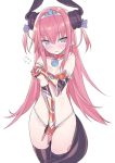  1girl armor bangs bikini bikini_armor black_legwear blade_(galaxist) blue_eyes blush breasts choker closed_mouth commentary_request curled_horns dragon_girl dragon_horns dragon_tail elizabeth_bathory_(brave)_(fate) elizabeth_bathory_(fate)_(all) eyebrows_visible_through_hair fate/grand_order fate_(series) flying_sweatdrops groin hair_between_eyes hair_ribbon horns long_hair oversized_clothes pink_hair pointy_ears purple_ribbon red_bikini red_choker ribbon simple_background small_breasts solo string_bikini sweat swimsuit tail thigh-highs tiara two_side_up vambraces very_long_hair wavy_mouth white_background 