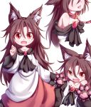  1girl :d absurdres animal_ear_fluff animal_ears bare_shoulders breasts brown_hair commentary_request dior-zi dress fang gloves heavy_breathing highres imaizumi_kagerou leash long_hair looking_at_viewer off_shoulder open_mouth paw_gloves paws pet_collar red_eyes sleeves_past_wrists small_breasts smile tongue tongue_out touhou wide_sleeves wolf_ears 