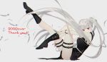  1girl absurdly_long_hair belt black_footwear boots bracelet english_text full_body grey_background jewelry legs long_hair looking_at_viewer naomasap original red_eyes silver_hair simple_background solo thank_you thigh_strap very_long_hair 