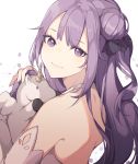  1girl azur_lane backless_dress backless_outfit bangs black_ribbon closed_mouth detached_sleeves dress eyebrows_visible_through_hair from_behind hair_bun hair_ribbon head_tilt light_smile long_hair looking_at_viewer petals purple_hair ribbon saibe sidelocks solo stuffed_alicorn unicorn_(azur_lane) violet_eyes wavy_hair white_dress 