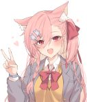  1girl :d animal_ear_fluff animal_ears bangs beige_vest blush bow bowtie braid breasts cat_ears collared_shirt eyebrows_visible_through_hair fang girls_frontline grey_jacket hair_between_eyes hair_bow hair_ornament hair_ribbon hairclip heart hexagram highres jacket jingo long_hair looking_at_viewer negev_(girls_frontline) one_side_up open_clothes open_jacket open_mouth pink_hair red_bow red_eyes red_neckwear ribbon school_uniform shirt smile solo star_of_david upper_body v watch watch white_shirt 