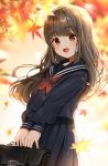  1girl :d absurdres autumn_leaves bangs black_sailor_collar black_serafuku black_shirt black_skirt blurry blurry_background blush brown_eyes brown_hair commentary_request cute depth_of_field eyebrows_visible_through_hair highres holding katsushika_pachi leaf long_hair long_sleeves looking_at_viewer maple_leaf moe neckerchief open_mouth original original_character pleated_skirt red_neckwear sailor_collar school_briefcase school_uniform serafuku shirt skirt sleeves_past_wrists smile solo very_long_hair 