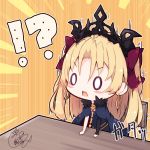  !? /\/\/\ 0_0 1girl arm_support bangs beni_shake blonde_hair blue_cape blue_dress blush_stickers bow cape chair chibi commentary_request dress ereshkigal_(fate/grand_order) eyebrows_visible_through_hair fate/grand_order fate_(series) fur-trimmed_cape fur_trim hair_between_eyes hair_bow hat long_hair long_sleeves purple_bow single_sleeve skull solo spine table tiara two_side_up v-shaped_eyebrows 
