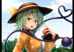  apple artist_name baileys_(tranquillity650) black_headwear bow clouds cloudy_sky commentary_request eyeball eyebrows_visible_through_hair food fruit green_eyes green_hair hair_between_eyes hat hat_bow hat_ribbon heart heart_of_string highres holding holding_food holding_fruit komeiji_koishi light_rays looking_at_viewer looking_to_the_side open_mouth outdoors ribbon shirt signature sky third_eye touhou upper_body wide_sleeves yellow_shirt 