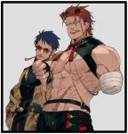  2boys abs amputee bandages bare_pectorals bead_bracelet beads black_border black_hair border bracelet bridal_gauntlets brown_eyes chinese_clothes clenched_teeth earrings eustass_captain_kid eyewear_on_head facial_hair goatee hair_slicked_back jewelry kiseru large_pectorals long_sideburns looking_at_viewer male_focus mandarin_collar multiple_boys multiple_earrings muscular muscular_male navel nipples one_piece pectorals pipe pipe_in_mouth red_lips redhead round_eyewear scar scar_on_face scar_on_stomach short_hair shrug_(clothing) sideburns sleeveless sosogi_(qtgejyrkhrng4jk) stomach sunglasses tassel tassel_earrings teeth thumbs_down trafalgar_law 