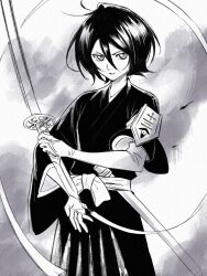  1girl black_hair bleach breasts closed_mouth highres holding japanese_clothes kimono kuchiki_rukia looking_at_viewer monochrome short_hair simple_background small_breasts sode_no_shirayuki_(shikai) solo weapon yshjsw 