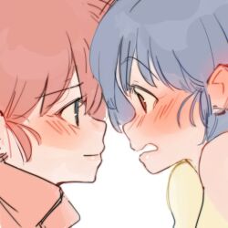  2girls blue_hair blush highres mariadraws97 multiple_girls nervous open_mouth ranma-chan ranma_1/2 short_hair simple_background smile tendou_akane white_background yuri 