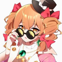  1girl adjusting_eyewear amber_eyes brown_hair ch00suke drill_hair earrings hair_ribbon hat jewelry multiple_rings necklace ribbon ring solo sunglasses top_hat touhou yorigami_jo'on 