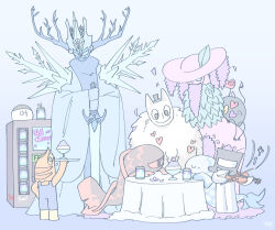  1girl 2others alriune arm_up black_eyes black_hat blue_coat blue_overalls coat colored_skin crown food force_(4sk_force) fragment_of_the_universe hands_up hat horns ice ice_wings instrument jangsan_tiger lobotomy_corporation long_sleeves multiple_others music open_mouth opened_can_of_wellcheers orange_skin overalls playing_instrument project_moon shaved_ice shrimp smile snow_queen_(project_moon) tablecloth the_silent_orchestra top_hat violin wide_sleeves wings yang_(project_moon) yin_(project_moon) 