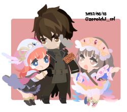  01_(zeroichi_srl) 1boy 2girls :o armband atelier_(series) atelier_totori black_dress black_jacket blue_eyes border brown_eyes brown_hair chibi chibi_only dated dress full_body hat jacket long_hair long_sleeves looking_at_another multiple_girls no_lineart open_mouth outside_border pants pink_background pink_dress pout rorolina_frixell shoes short_hair standing sterkenburg_cranach sweatdrop tears totooria_helmold twitter_username white_border 