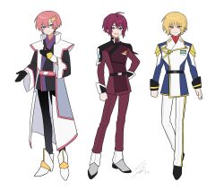  3boys absurdres ahoge black_gloves blonde_hair blue_eyes cagalli_yula_athha compass_uniform genderswap gloves gundam gundam_seed gundam_seed_freedom highres japanese_clothes lacus_clyne long_sleeves looking_at_viewer lunamaria_hawke military military_uniform multiple_boys pants pink_hair purple_hair s_ask33 short_hair smile uniform violet_eyes yellow_eyes 