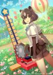  1girl :d animal_ears ass balloon bangs bear_ears bear_paw_hammer bear_tail bike_shorts black_skirt blue_neckwear blurry blurry_background bow bowtie brown_bear_(kemono_friends) brown_eyes brown_hair day dutch_angle extra_ears eyebrows_visible_through_hair from_behind grass hair_between_eyes kemono_friends kemono_friends_3 long_sleeves looking_at_viewer looking_back open_mouth outdoors shirt short_over_long_sleeves short_sleeves skirt smile solo standing tail tobi_(kotetsu) white_shirt 