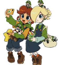  1boy 2girls alternate_hairstyle blue_eyes brown_footwear brown_hair chibi cup doll elephant_luigi facial_hair food fruit gloves hair_bun hair_over_one_eye highres luigi mimimi_(mimimim9999) multiple_girls overall_skirt overalls phone princess_daisy rosalina shoes short_hair stuffed_toy super_mario_bros. 