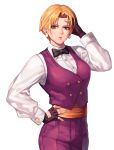  1girl bangs black_neckwear blonde_hair blue_eyes collared_shirt commentary_request dress_shirt earrings evilgun fingerless_gloves gloves hand_on_head hand_on_hip highres jewelry king_(snk) long_sleeves pants parted_lips ryuuko_no_ken shirt short_hair the_king_of_fighters vest white_shirt 
