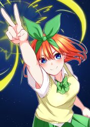  &gt;:) 1girl arm_at_side arm_up aura blue_eyes blush bow bowtie breasts closed_mouth collared_shirt commentary cowboy_shot doyagao eyebrows_hidden_by_hair eyelashes fingernails floating_hair foreshortening go-toubun_no_hanayome green_bow green_bowtie green_ribbon green_skirt hair_between_eyes hair_ribbon highres large_breasts looking_at_viewer medium_hair nakano_yotsuba night orange_hair outdoors plaid_bow plaid_bowtie plaid_clothes pleated_skirt ribbon sanpaku school_uniform shirt short_sleeves skirt smile smug solo sparkling_eyes split_mouth sweater_vest v v-shaped_eyebrows white_shirt yayoi_(dygk8777) yellow_sweater_vest 