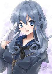  1girl black_neckerchief blue_eyes blue_hair blue_jacket blue_sailor_collar breasts commentary_request gloves gotland_(kancolle) half_gloves jacket kantai_collection kitagawa_mikio long_hair looking_at_viewer medium_breasts military_uniform neckerchief one-hour_drawing_challenge sailor_collar salute smile solo uniform upper_body white_gloves 