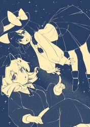  2girls :d :o absurdres ankle_boots boots bow cindy717 collared_shirt constellation dress fedora frilled_dress frills hat hat_bow highres index_finger_raised long_sleeves looking_at_viewer maribel_hearn medium_hair mob_cap monochrome multiple_girls outdoors pleated_skirt puffy_sleeves shirt skirt smile touhou usami_renko 