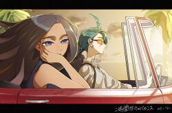  2girls bare_shoulders black_hair blonde_hair blue_eyes car clouds convertible dark-skinned_female dark_skin driving ear_piercing earrings eyelashes floating_hair geeta_(pokemon) green_hair grey_shirt hand_on_own_face jewelry letterboxed long_hair low_ponytail motor_vehicle multicolored_hair multiple_girls ocean orange-tinted_eyewear outdoors palm_tree piercing pokemon pokemon_sv rika_(pokemon) shirt shougo-akira sitting sky sleeveless sleeveless_shirt steering_wheel streaked_hair suspenders thick_eyebrows tinted_eyewear tree 