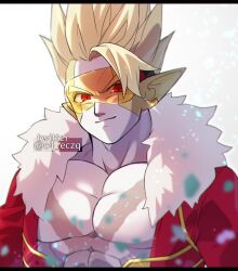  1boy black_border blonde_hair blurry border closed_mouth coat colored_skin cross_scar depth_of_field dragon_ball dragon_ball_heroes earrings fur-trimmed_coat fur_trim gold_earrings hearts_(dragon_ball) jewelry looking_at_viewer male_focus multicolored_skin muscular muscular_male nana_tsuba_(pixiv78353289) pectorals pointy_ears red_coat red_eyes rimless_eyewear scar scar_on_chest short_hair single_bang smile solo spiky_hair third-party_source tinted_eyewear twitter_username two-tone_skin upper_body yellow-tinted_eyewear yellow_skin 