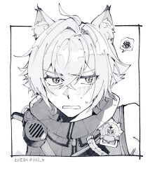  1boy animal_ear_fluff animal_ears bishounen blush cat_boy cat_ears highres koeda_(k83_4) male_focus monochrome open_mouth seth_lowell simple_background sleeveless solo sweat swirl upper_body walkie-talkie white_background zenless_zone_zero 