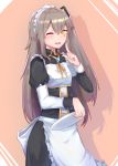  1girl apron commentary_request exren girls_frontline grey_hair long_sleeves maid maid_apron maid_headdress one_eye_closed pointing scar scar_across_eye sleeve_cuffs solo tray ump45_(girls_frontline) yellow_eyes 
