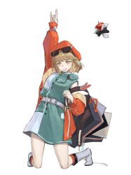  1girl \n/ absurdres apple apple_(reverse:1999) aqua_dress aqua_neckerchief arm_up backpack bag belt beret black_bag black_bow black_bowtie boogieleo5 boots bow bowtie brown_hair dress eyewear_on_head food fruit full_body grin hands_up hat highres holding_strap jacket knee_boots long_sleeves looking_at_viewer neckerchief open_bag orange_eyes puffy_long_sleeves puffy_sleeves record_jacket red_hat red_jacket red_socks regulus_(reverse:1999) reverse:1999 short_dress short_hair sleeveless sleeveless_dress smile socks solo sunglasses traditional_bowtie white_background white_belt white_footwear 