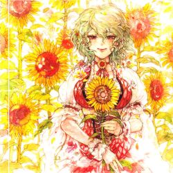  1girl chihiro_(kemonomichi) corset flower foliage green_hair hair_flower hair_ornament kazami_yuuka non-web_source painting_(medium) plaid_clothes ribbon sunflower touhou traditional_media watercolor_(medium) 