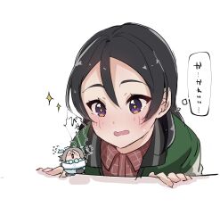  black_hair bllush bow brown_hair chibi collar collared_shirt highres jacket koi_ni_naritai_aquarium long_sleeves love_live! love_live!_sunshine!! multiple_girls nigauri open_mouth ribbon shirt short_hair simple_background smile speech_bubble t-shirt tiara violet_eyes watanabe_tsuki watanabe_you 