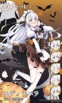  1girl alternate_costume apron azur_lane blue_eyes braid candy commentary_request edinburgh_(azur_lane) food french_braid gold_bar jack-o&#039;-lantern jacknavy maid maid_apron open_mouth pumpkin round_eyewear smile solo thigh-highs white_apron white_hair 