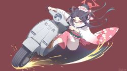  1girl absurdres black_hair blue_archive drifting floral_print flower fuuka_(blue_archive) fuuka_(new_year)_(blue_archive) hair_bun hair_flower hair_ornament halo hashtag-only_commentary highres horns japanese_clothes kimono long_hair obi official_alternate_costume on_scooter pink_kimono pink_sash platform_footwear red_background red_eyes red_halo riding_scooter sash signature simple_background socks solo two-tone_kimono white_flower white_kimono white_socks yuki7128 