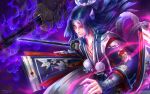  1boy bandaged_arm bandages black_hair blood closed_mouth collarbone dark_background eyes_visible_through_hair glowing glowing_eye highres holding holding_sword holding_weapon japanese_clothes long_hair long_sleeves looking_to_the_side male_focus onikiri_(onmyoji) onmyoji pom_pom_(clothes) solo sword user_exvv8824 weapon 