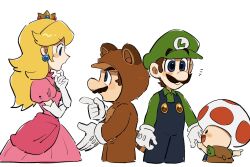  1girl 3boys backpack bag blue_eyes blue_overalls brown_hair facial_hair gloves green_shirt hat highres luigi male_focus mario mimimi_(mimimim9999) multiple_boys mustache overalls princess_peach shirt short_hair super_mario_bros. tanuki_mario the_super_mario_bros._movie toad_(mario) white_gloves 