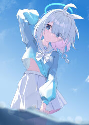  1girl absurdres arona_(blue_archive) blue_archive blue_eyes blue_halo blue_sky hair_ribbon halo hendiamond highres light_smile looking_at_viewer original ribbon school_uniform serafuku skirt sky smile solo wind wind_lift 