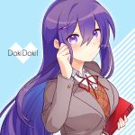  1girl bangs book commentary doki_doki_literature_club english_commentary eyebrows_visible_through_hair eyes_visible_through_hair grey_jacket hair_between_eyes hair_ornament hairclip holding holding_book jacket long_hair long_sleeves looking_at_viewer nan_(gokurou) parted_lips purple_hair school_uniform shirt simple_background solo twitter_username upper_body violet_eyes white_shirt wing_collar yuri_(doki_doki_literature_club) 