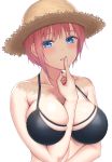  1girl arm_between_breasts asymmetrical_hair bikini black_bikini_top blue_eyes blush breasts finger_to_mouth fingernails go-toubun_no_hanayome hat highres large_breasts lips long_fingernails looking_at_viewer nail_polish nakano_ichika parted_lips pink_hair pink_nails short_hair sidelocks simple_background solo sssemiii straw_hat swimsuit upper_body white_background 