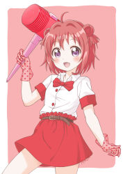  1girl :d ahoge akanemachiyama akaza_akari belt blush border bow bowtie double_bun gloves hair_bun hammer holding holding_hammer looking_at_viewer open_mouth pink_background polka_dot_gloves red_skirt redhead see-through see-through_gloves shirt short_hair short_sleeves simple_background skirt smile solo standing toy_hammer upper_body violet_eyes white_border white_shirt yuru_yuri 