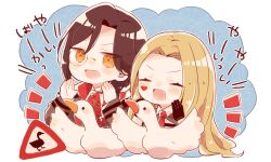  1boy 1girl ascot bird black_gloves black_hair blonde_hair chest_strap closed_eyes crimson_reichenbach curtained_hair facial_tattoo gloves goose grey_jacket grey_shirt heart heart_tattoo highres jacket long_hair long_sleeves low_ponytail luis_cammy luis_cammy_(1st_costume) necktie nijisanji notice_lines red_ascot red_necktie shellin_burgundy shellin_burgundy_(1st_costume) shirt sign smile tattoo virtual_youtuber warning_sign yellow_eyes yuki_(yu_kix8) 