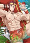  1boy abs bara beard blue_eyes bracelet brown_hair chest commission facial_hair fate/grand_order fate_(series) food glasses highres ice_cream jewelry kienbiu looking_at_viewer male_focus muscle napoleon_bonaparte_(fate/grand_order) nipples pectorals rider_(fate/zero) scar shirt short_sleeves smile solo summer sunglasses sunlight thighs 
