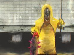  1other ambiguous_gender bodysuit brick_wall commentary_request crack cracked_floor creature facing_viewer fishing_rod gas_mask gloves hazmat_suit holding holding_fishing_rod hood hood_up mask original sewer sharp_teeth teeth un_do wading water yellow_bodysuit yellow_gloves 