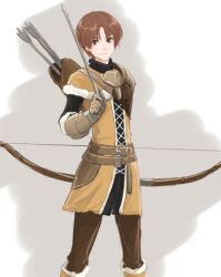  1boy arrow_(projectile) bow_(weapon) brown_eyes brown_hair closed_mouth fire_emblem fire_emblem_echoes:_shadows_of_valentia fur_trim holding holding_arrow holding_bow_(weapon) holding_weapon looking_at_viewer quiver saku_(soreca49) tobin_(fire_emblem) weapon white_fur 