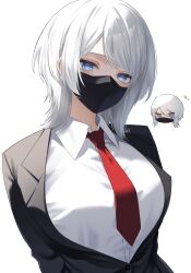  1girl black_jacket black_mask blue_eyes breasts collared_shirt faust_(project_moon) highres jacket lapels large_breasts limbus_company long_sleeves looking_at_viewer mask medium_hair mouth_mask necktie notched_lapels project_moon red_necktie shirt simple_background sohdvh_khos_ph solo upper_body white_background white_hair white_shirt 