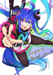  1girl @_@ absurdres ahoge animal_ears aqua_hair black_nails blue_eyes blue_hair bow brown_leggings commission crossed_bangs drawstring foot_out_of_frame hair_bow halftone herushi_shiko heterochromia highres hood hoodie horse_ears horse_girl horse_tail leggings long_hair long_sleeves looking_at_viewer multicolored_clothes multicolored_hair multicolored_hoodie nail_polish open_mouth outstretched_arm sharp_teeth sidelocks skeb_commission solo striped_bow tail teeth thank_you twin_turbo_(umamusume) twintails two-tone_hair umamusume upper_teeth_only v-shaped_eyebrows violet_eyes w white_background 