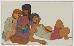  2boys 2girls bag black_hair blunt_bangs book commentary cupidliquor dress english_commentary full_body hat highres holding holding_book monkey_d._luffy multiple_boys multiple_girls nami_(one_piece) nico_robin on_lap one_piece orange_hair pink_hat pink_shorts purple_dress short_hair shorts shoulder_bag smile straw_hat tank_top tony_tony_chopper white_tank_top 