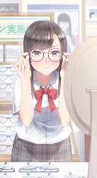  12_graka 1girl absurdres adjusting_eyewear black_hair blush bow bowtie brown_eyes brown_skirt glasses highres indoors leaning_forward long_hair mirror original plaid_clothes plaid_skirt red_bow red_bowtie school_uniform shirt skirt uniform unworn_eyewear white_shirt 