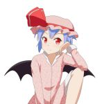  1girl alternate_costume bat_wings blue_hair cato_(monocatienus) commentary_request elbow_on_knee fang fang_out hand_on_own_face hat hat_ribbon heart heart_print knee_up long_sleeves looking_at_viewer mob_cap pajamas pink_headwear pink_pajamas red_eyes remilia_scarlet ribbon short_hair shorts simple_background sitting smile solo touhou white_background white_shorts wings 