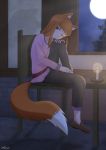  1girl absurdres animal_ear_fluff animal_ears brodann brown_hair candle chair chin_rest full_moon highres holo knee_to_chest long_hair moon night one_eye_closed shadow smile solo spice_and_wolf tail tree wolf_ears wolf_tail 