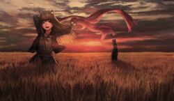 1boy 1girl animal_ears brown_hair clouds craft_lawrence dusk grey_hair highres holo horizon hotateyuki jacket long_hair looking_at_viewer open_clothes open_jacket open_mouth scarf scenery second-party_source sky smile spice_and_wolf sunset wheat_field wolf_ears wolf_girl 